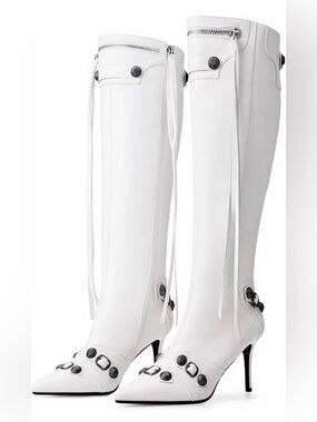 White Knee High Stiletto Boots Pointed Toe Buckle Stud Y2K Size 11